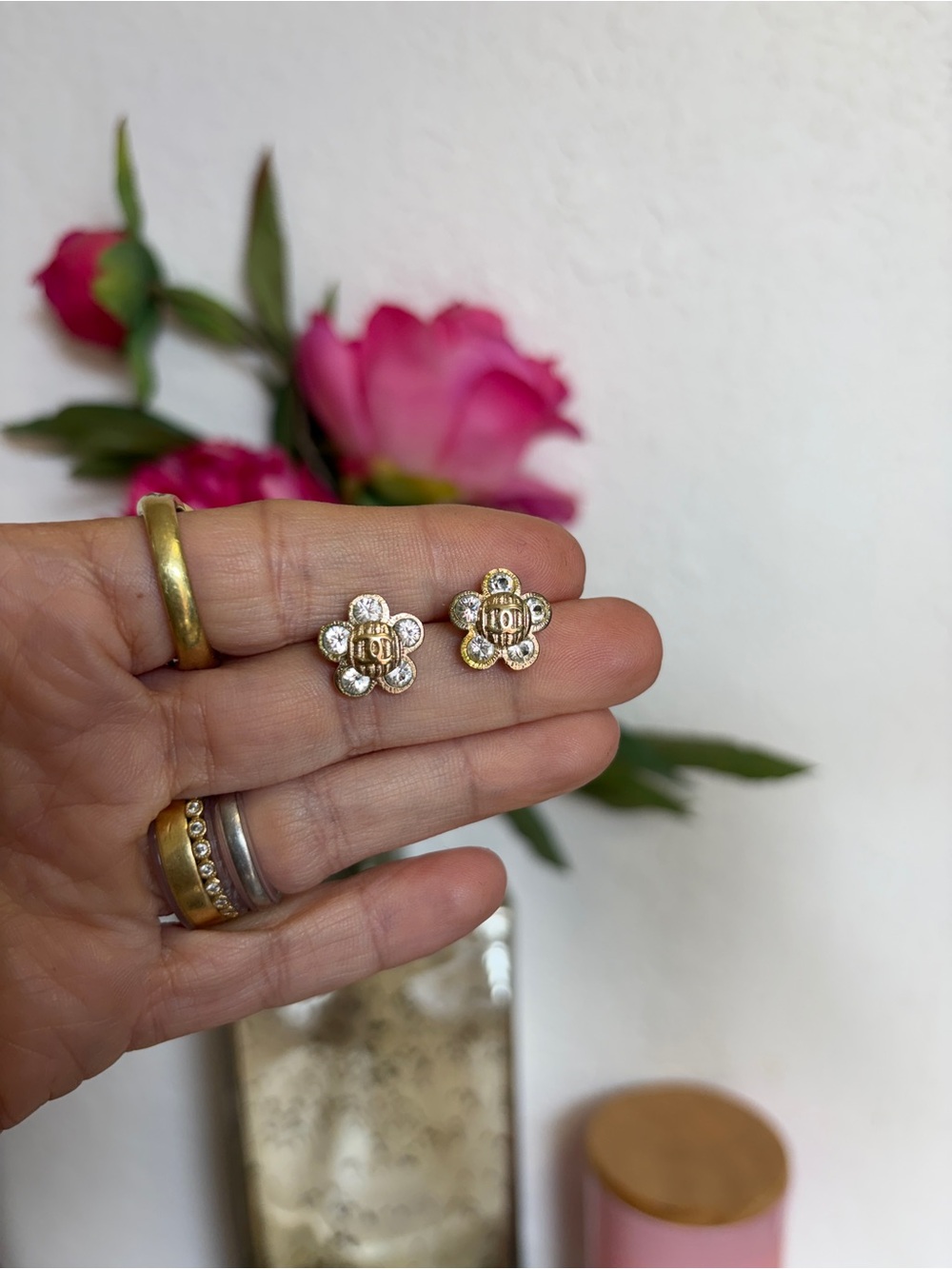 CHANEL Gold Flower Logo Stud Earrings with Clear Crystals